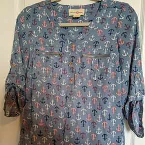 Wishful Park Misses top. Size S, 3/4 sleeve, lite blue with multi color ⚓